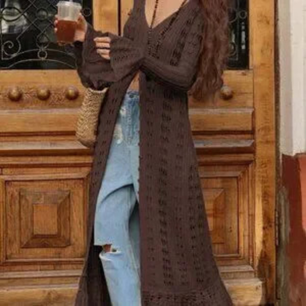 ZARA Brown Casual Women's Long Sleeve Button Elegant Crochet caridgan